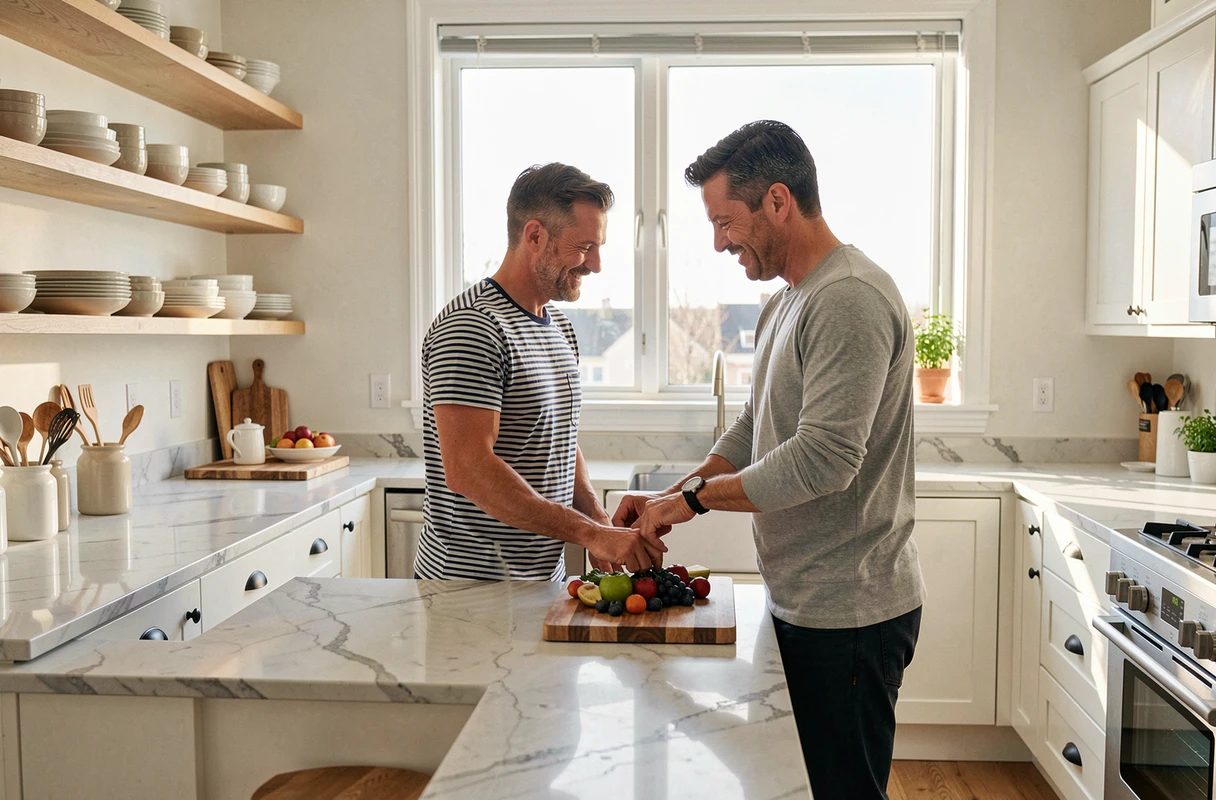 Couple préparant le petit-déjeuner dans une cuisine baignée de lumière naturelle, illustrant les bienfaits de l'exposition solaire sur le sommeil