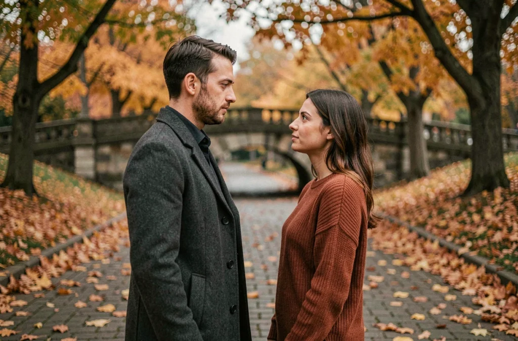 Couple face à face dans un parc en automne, illustrant la rencontre spirituelle des flammes jumelles et la signification du 0110