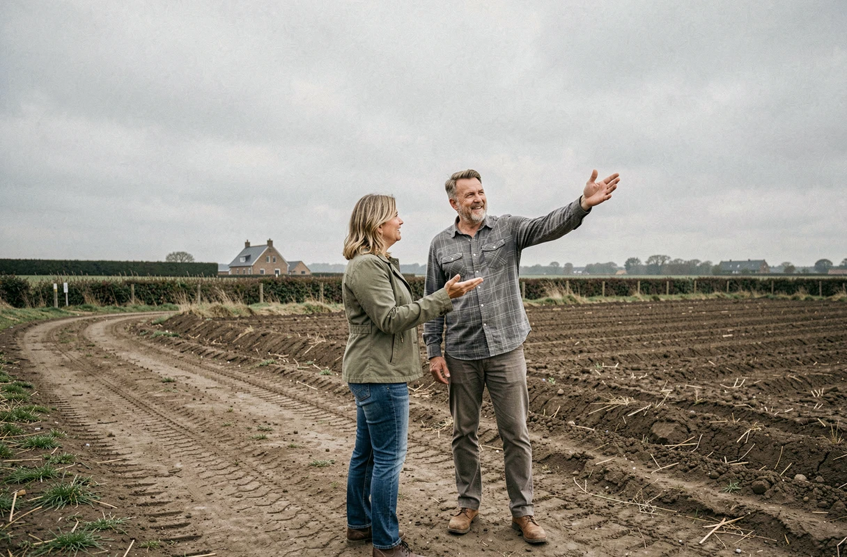 Couple arpentant un terrain rural non bâti en zone constructible pour un futur projet immobilier