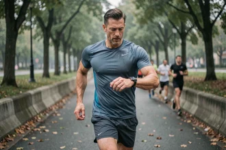 Coureur amateur consultant sa montre connectée GPS pendant un jogging matinal en parc urbain