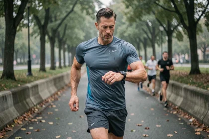 Coureur amateur consultant sa montre connectée GPS pendant un jogging matinal en parc urbain