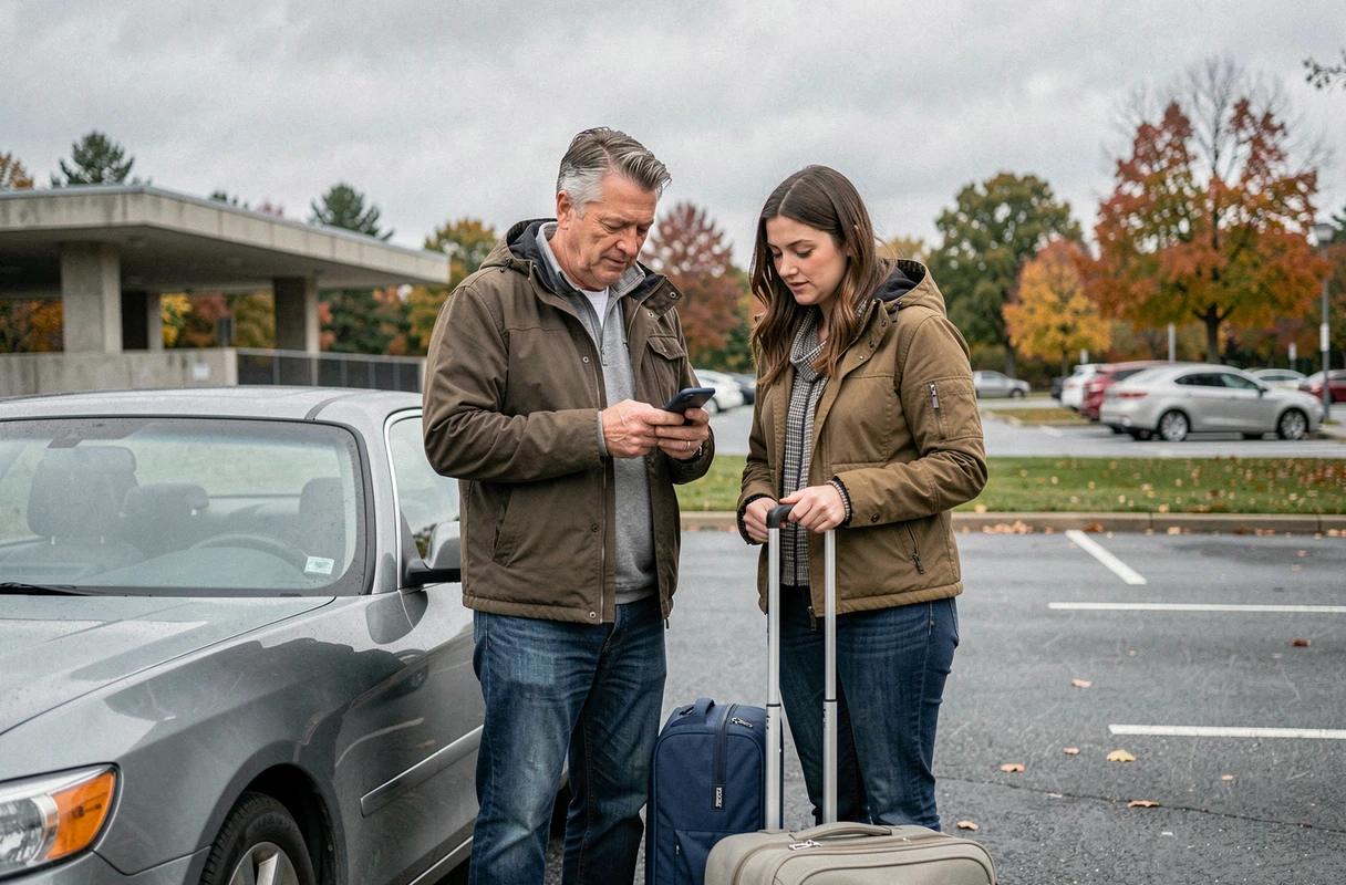 Deux covoitureurs consultant leur itinéraire sur smartphone dans un parking relais en banlieue avant leur trajet urbain