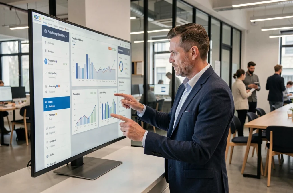 Créateur de contenu professionnel analysant les performances d'une plateforme premium dans un espace de coworking moderne