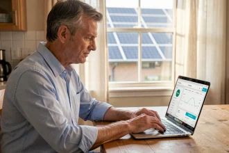 Homme créant un compte client EDF ENR sur son ordinateur portable à la maison avec des panneaux solaires visibles en arrière-plan