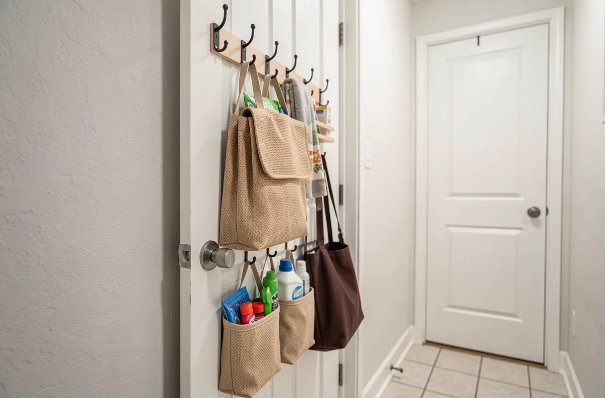 Dos d'une porte intérieure équipé de crochets et d'organisateurs suspendus contenant sacs, accessoires et produits ménagers