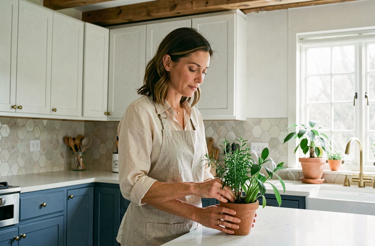 Femme arrangeant des herbes fraîches dans une cuisine aux armoires bleu poudré et robinetterie laiton