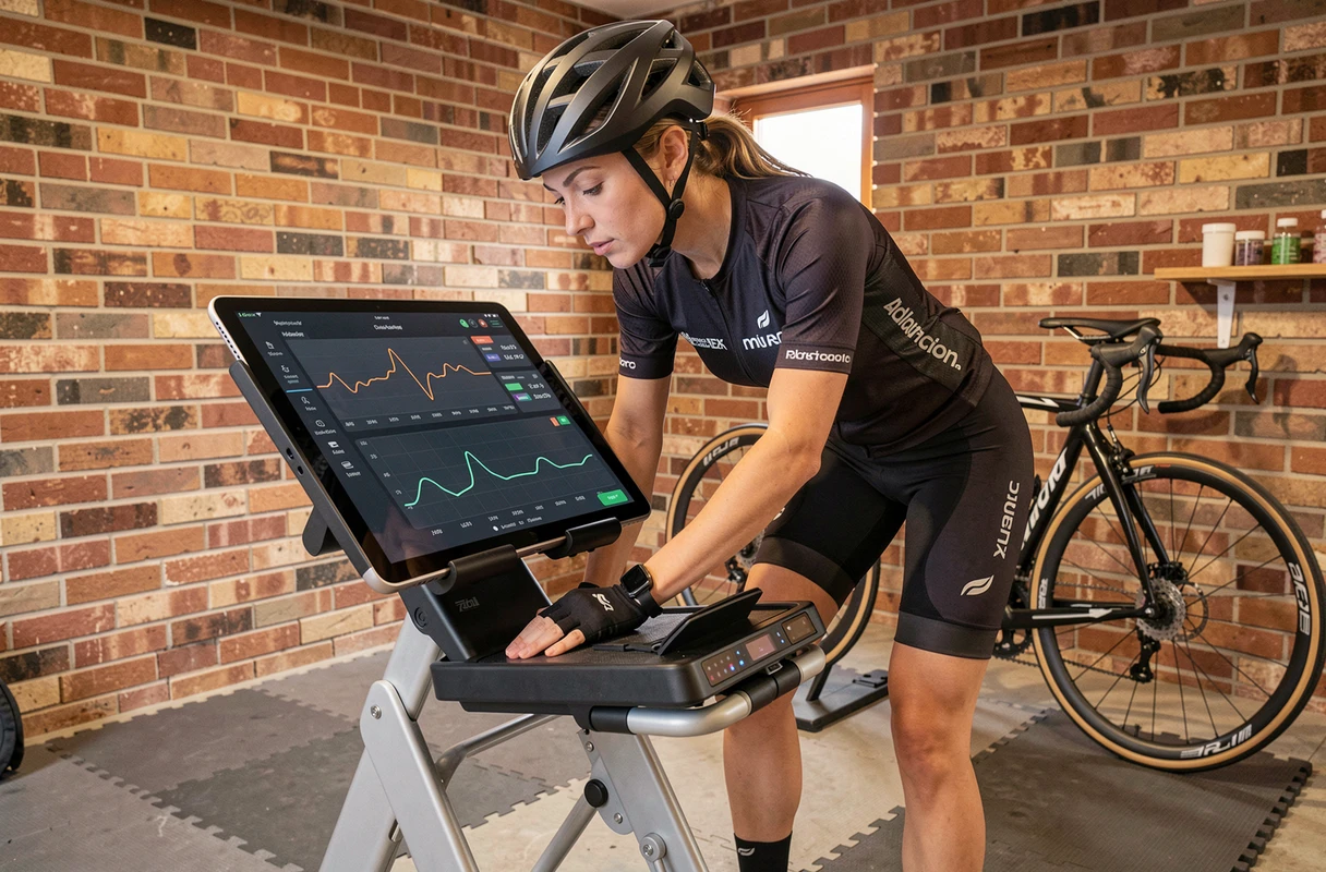 Cycliste amateur analysant ses performances sportives sur tablette connectée avec home trainer intelligent