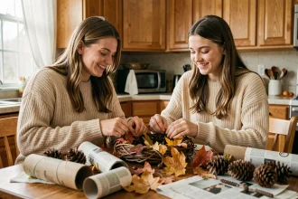 Mère et fille fabriquant des décorations de saison avec des matériaux recyclés à table dans la cuisine
