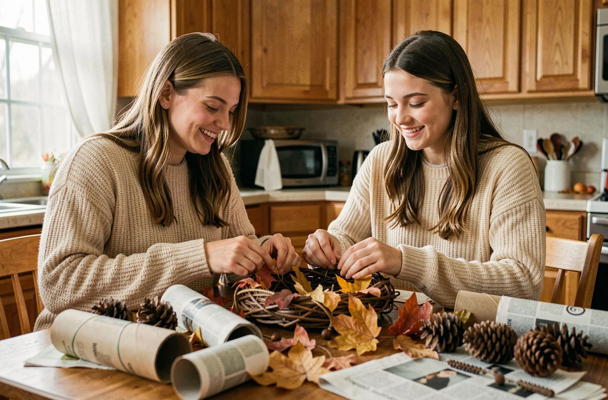 Mère et fille fabriquant des décorations de saison avec des matériaux recyclés à table dans la cuisine