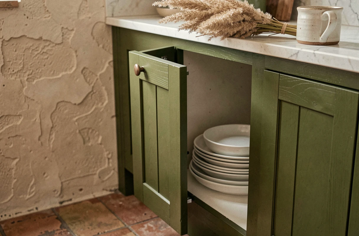 Détail d'un placard de cuisine vert olive avec vaisselle blanche et décoration naturelle tendance
