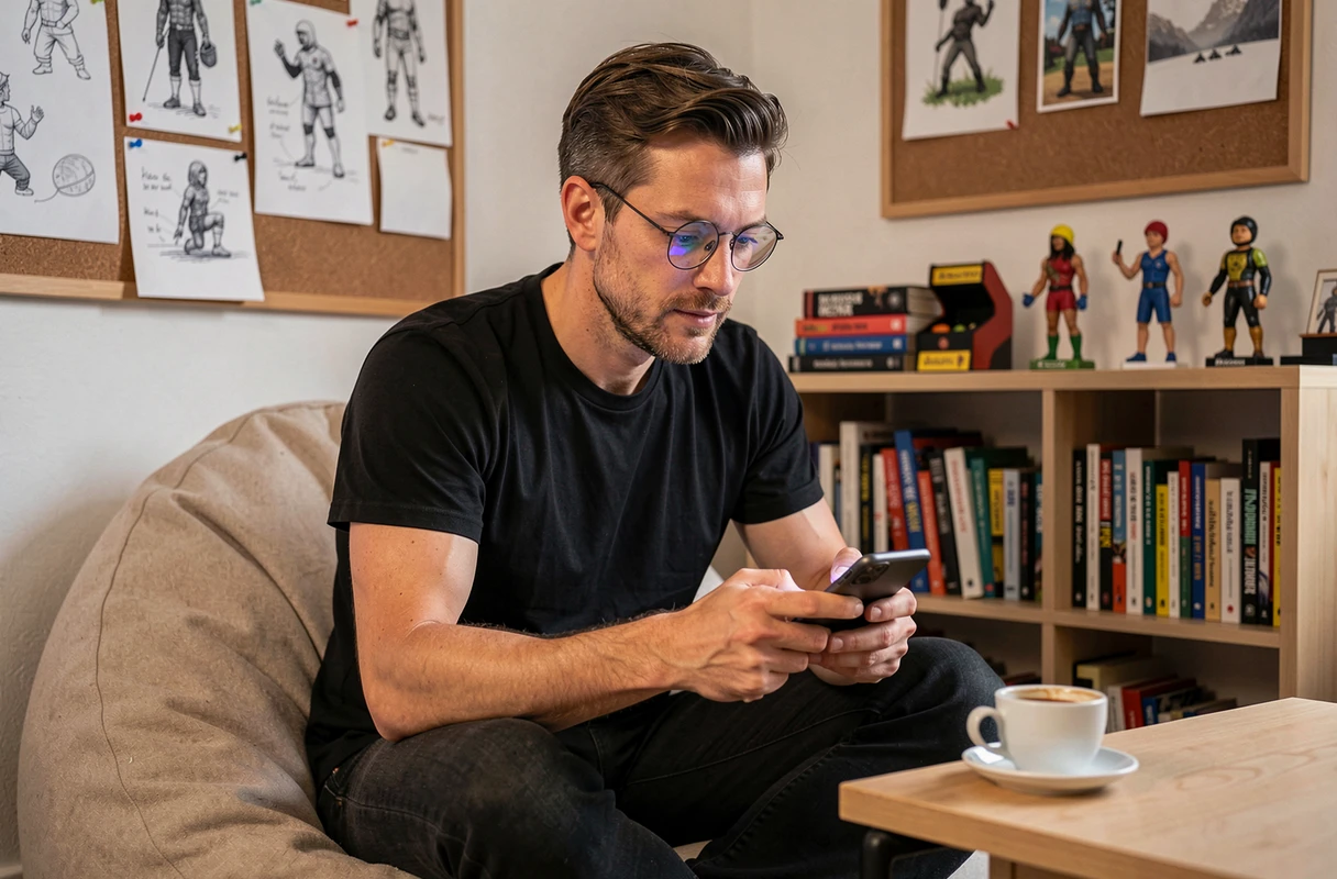 Développeur indépendant français testant un jeu mobile sur smartphone dans un espace détente de studio de jeux