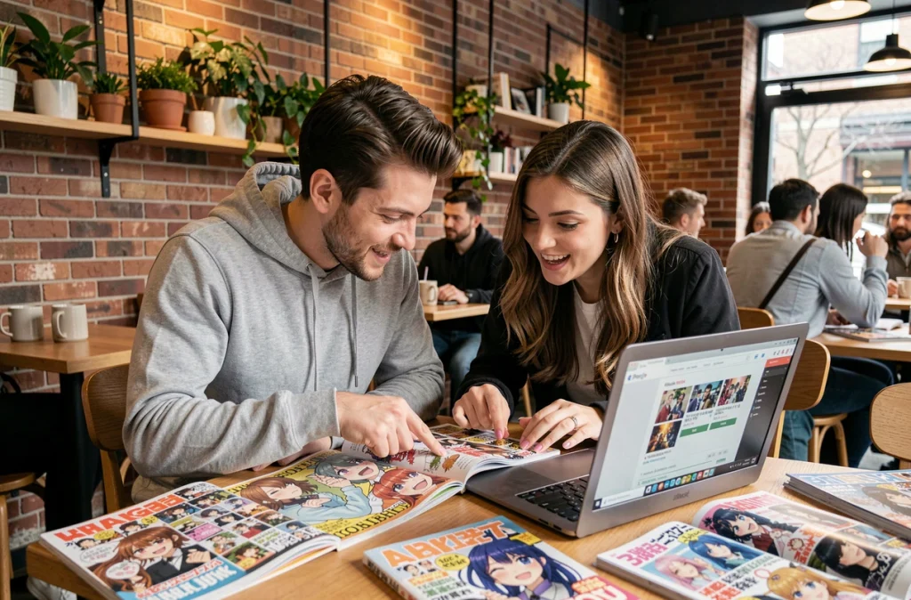 Deux fans adultes discutant des derniers événements du manga One Piece dans un café autour de chapitres imprimés et d'un ordinateur
