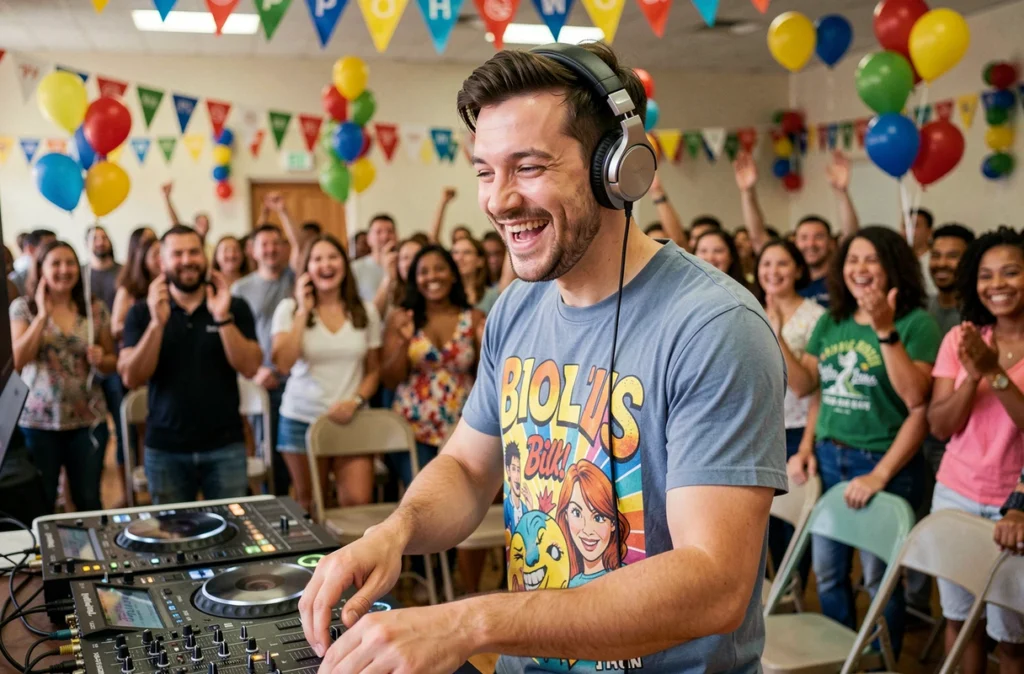 DJ Bilou en pleine animation festive avec une foule joyeuse dans une salle communautaire du Val-de-Marne