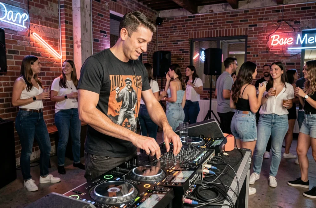 DJ FARK en animation lors d'une soirée privée en Seine-et-Marne, ambiance festive dans un loft moderne avec invités dansants