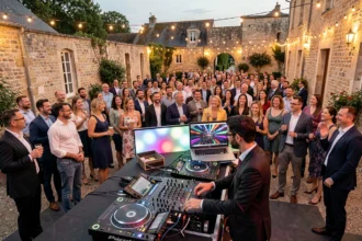 DJ professionnel en performance lors d'un événement festif en Seine-et-Marne, foule animée et décor champêtre élégant