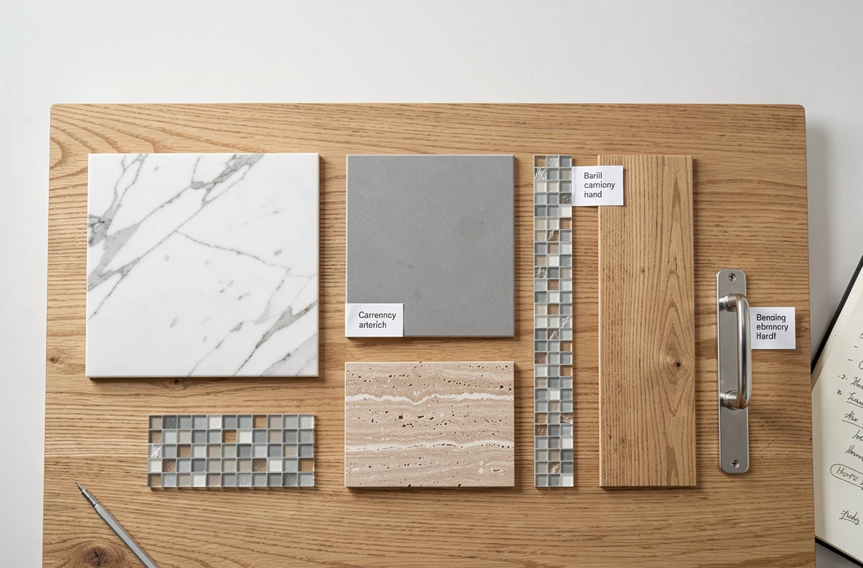 Vue à plat d'échantillons de matériaux pour salle de bain : marbre, carrelage porcelaine, travertin, mosaïque et céramique effet bois