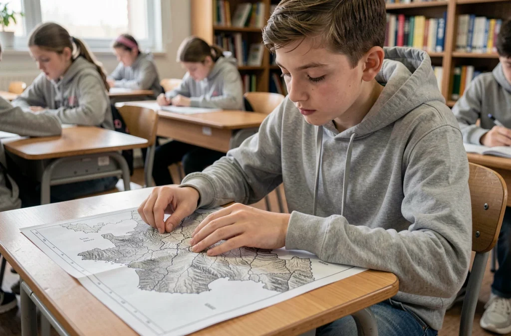 Élève étudiant une carte imprimée des massifs montagneux français posée sur un bureau scolaire