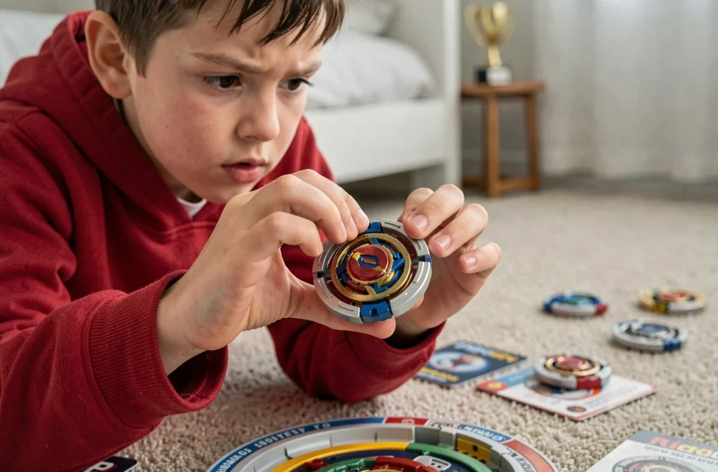 Jeune garçon concentré tenant une toupie Beyblade au-dessus d'un stadium lors d'un duel organisé dans sa chambre