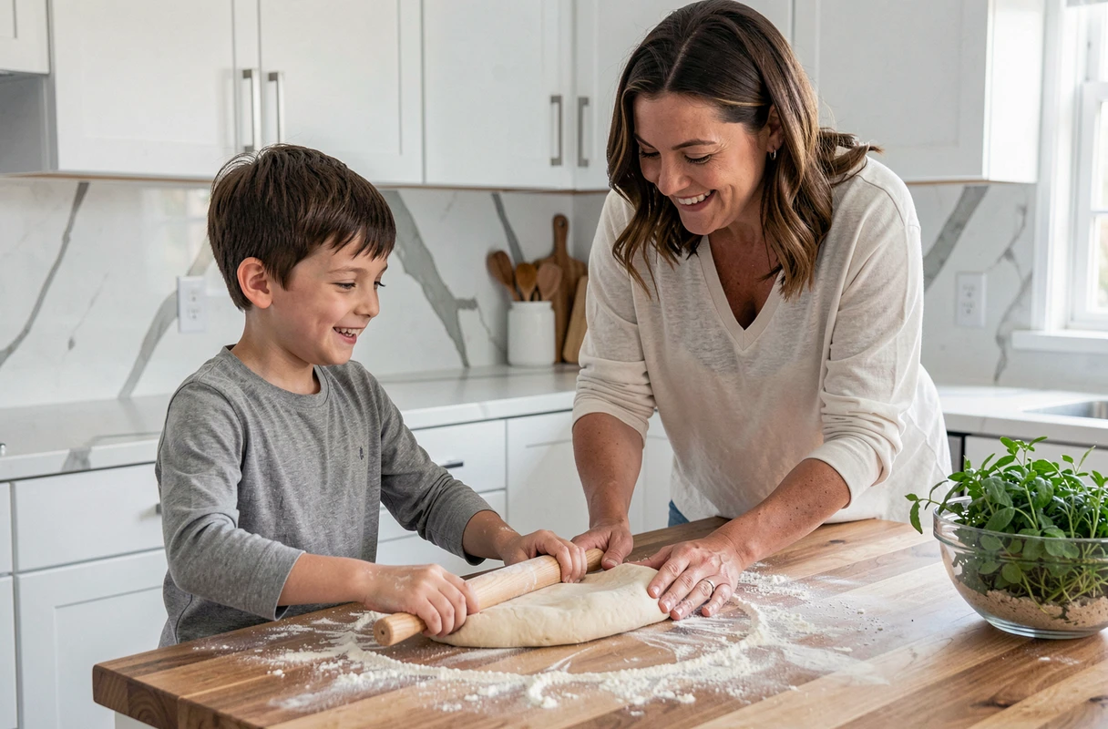 Enfant et sa mère qui préparent de la pâte ensemble dans une cuisine moderne