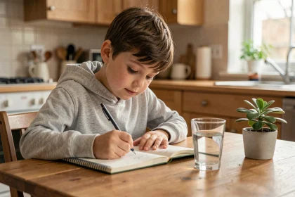 Enfant concentré faisant ses devoirs à la table de cuisine dans une ambiance calme et apaisante