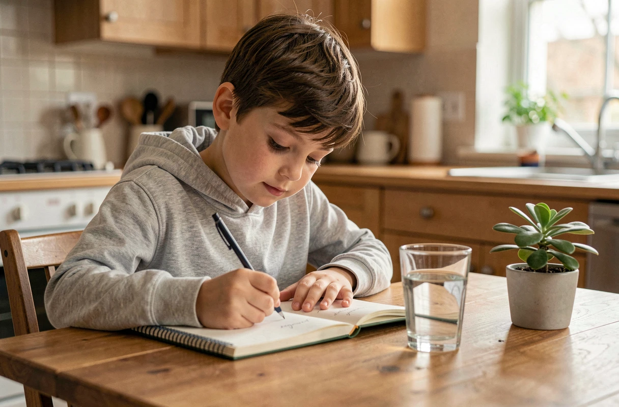 Enfant concentré faisant ses devoirs à la table de cuisine dans une ambiance calme et apaisante