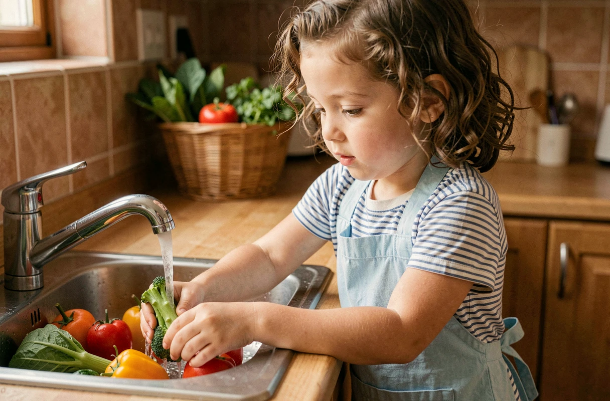 Jeune fille en tablier qui lave des légumes frais dans une cuisine familiale en bois