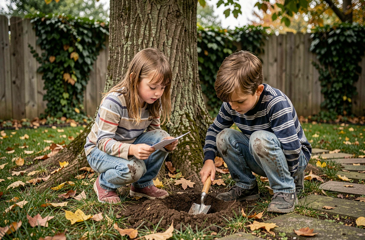 Deux enfants cherchant un trésor caché au pied d'un arbre dans un jardin, tenant un indice en papier lors d'une chasse au trésor en plein air
