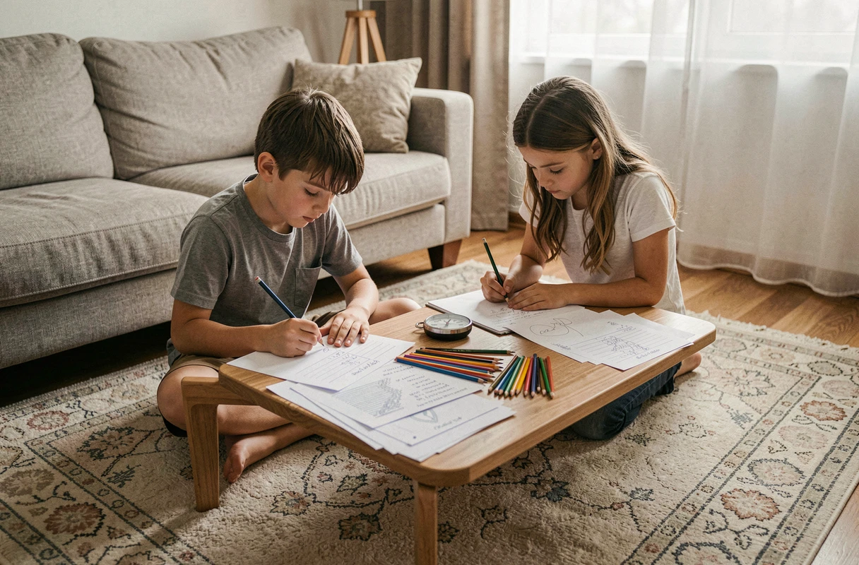 Deux enfants faisant leurs devoirs ensemble sur le tapis du salon dans une atmosphère détendue et organisée