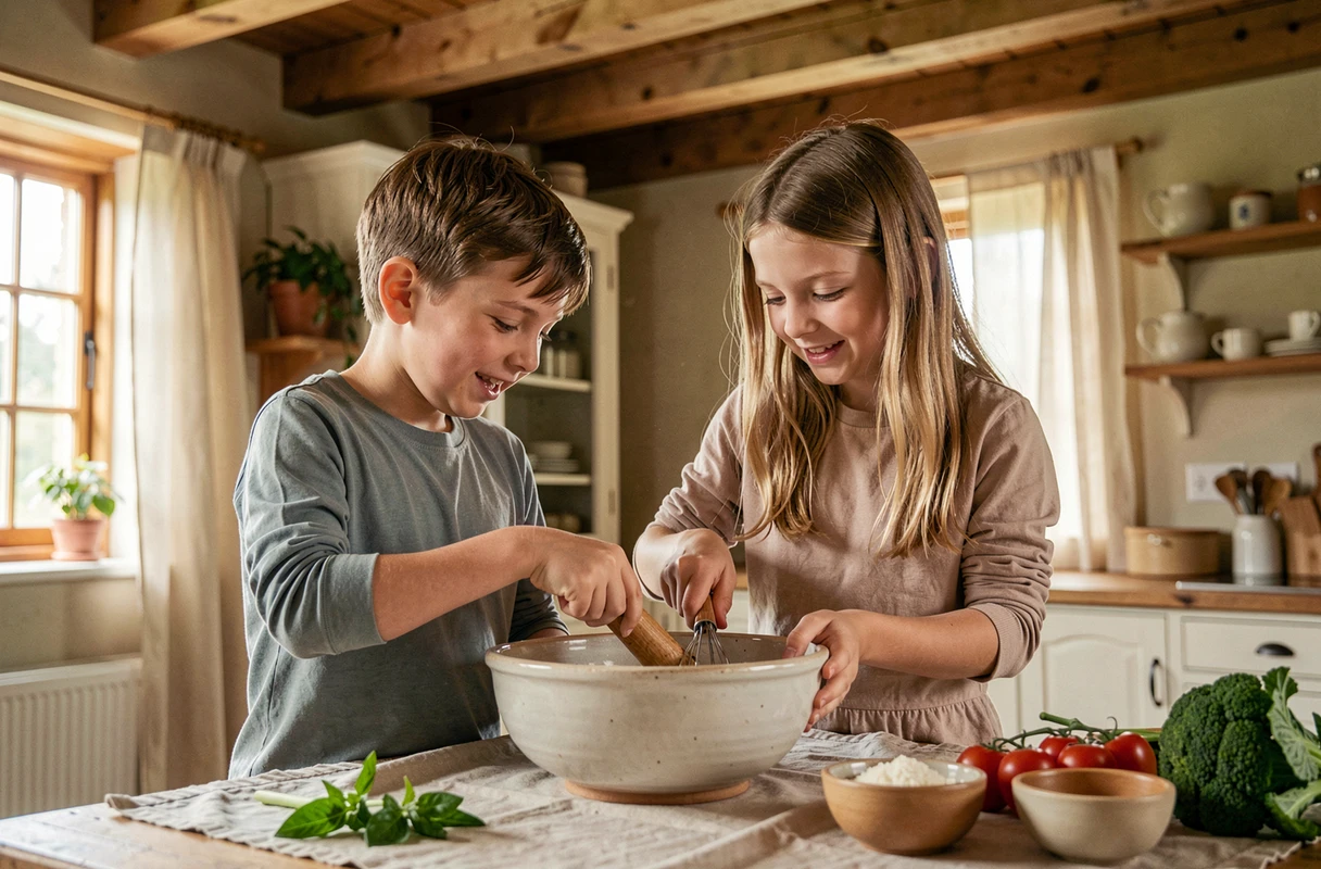 Deux enfants qui mélangent des ingrédients dans un grand bol en céramique dans une cuisine rustique