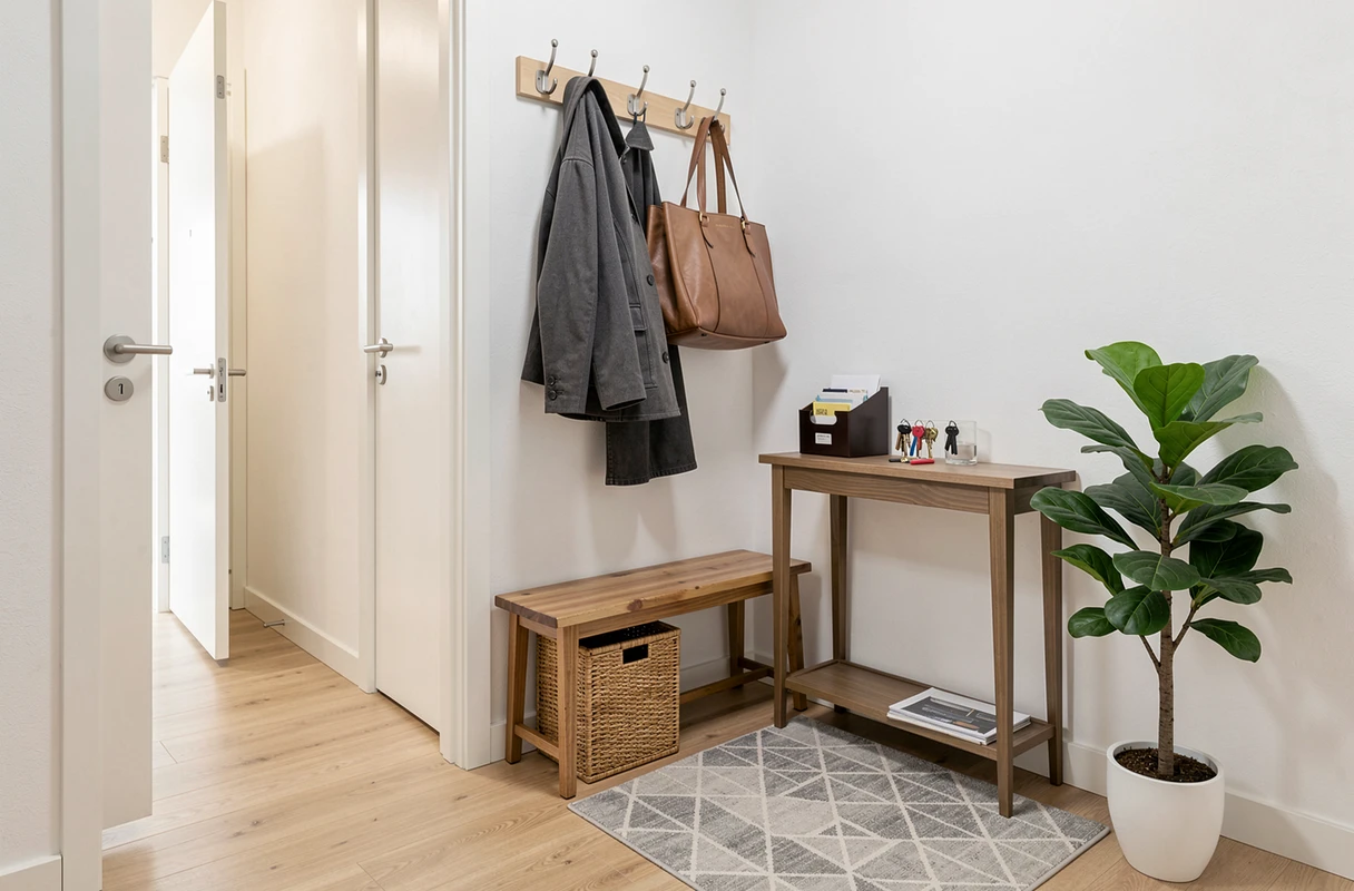 Entrée d'appartement aménagée avec point de dépôt dédié, crochets muraux, banquette avec panier et console d'entrée organisée