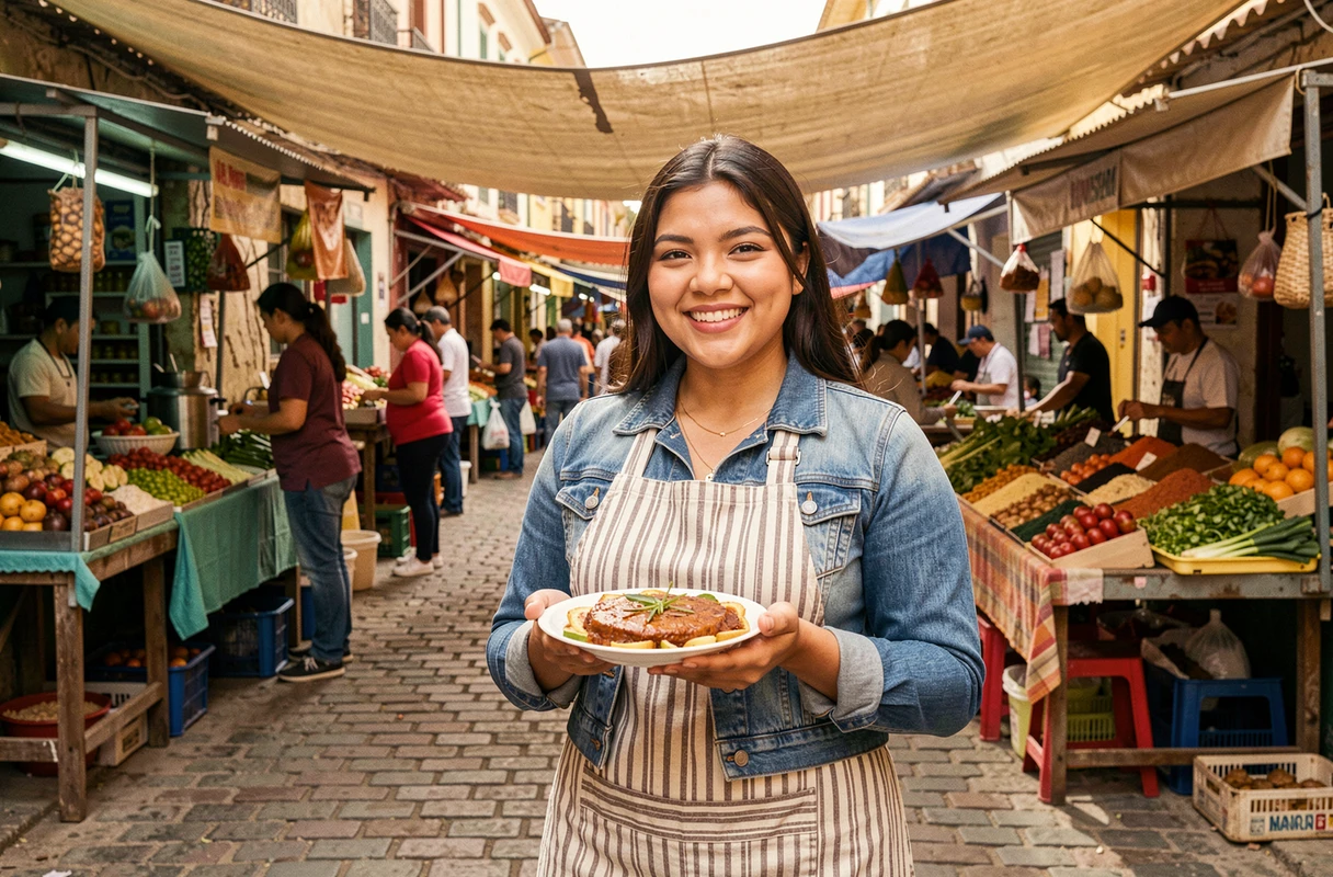 Jeune femme entrepreneur gérant son stand de restauration dans un marché local grâce au microcrédit