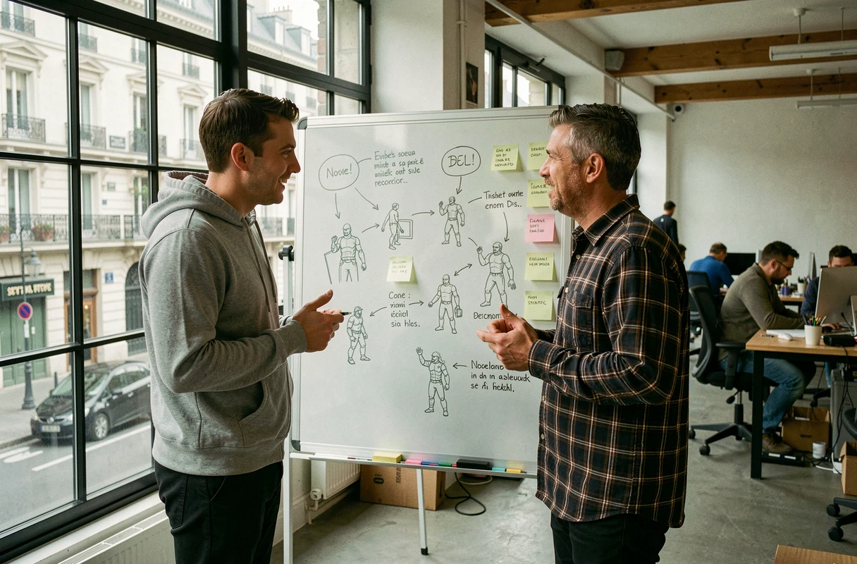 Équipe de développeurs indépendants français en séance de brainstorming autour d'un tableau de conception de jeux mobiles