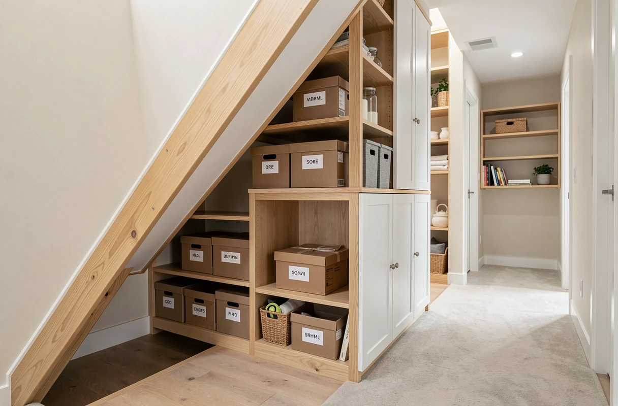 Espace sous-escalier transformé en rangement intégré avec étagères et placards, avec rayonnage au-dessus d'une porte visible en arrière-plan