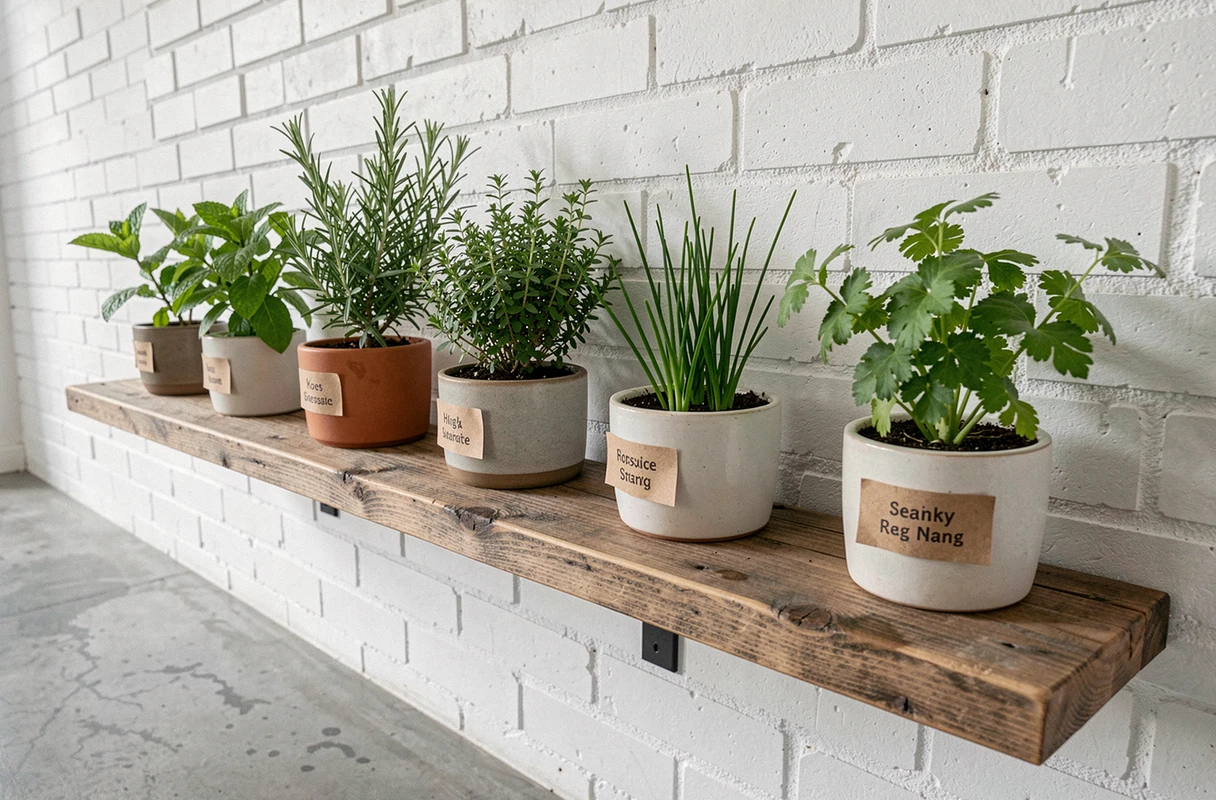 Étagère murale avec un potager intérieur composé de six herbes aromatiques en pots céramiques dans un appartement moderne