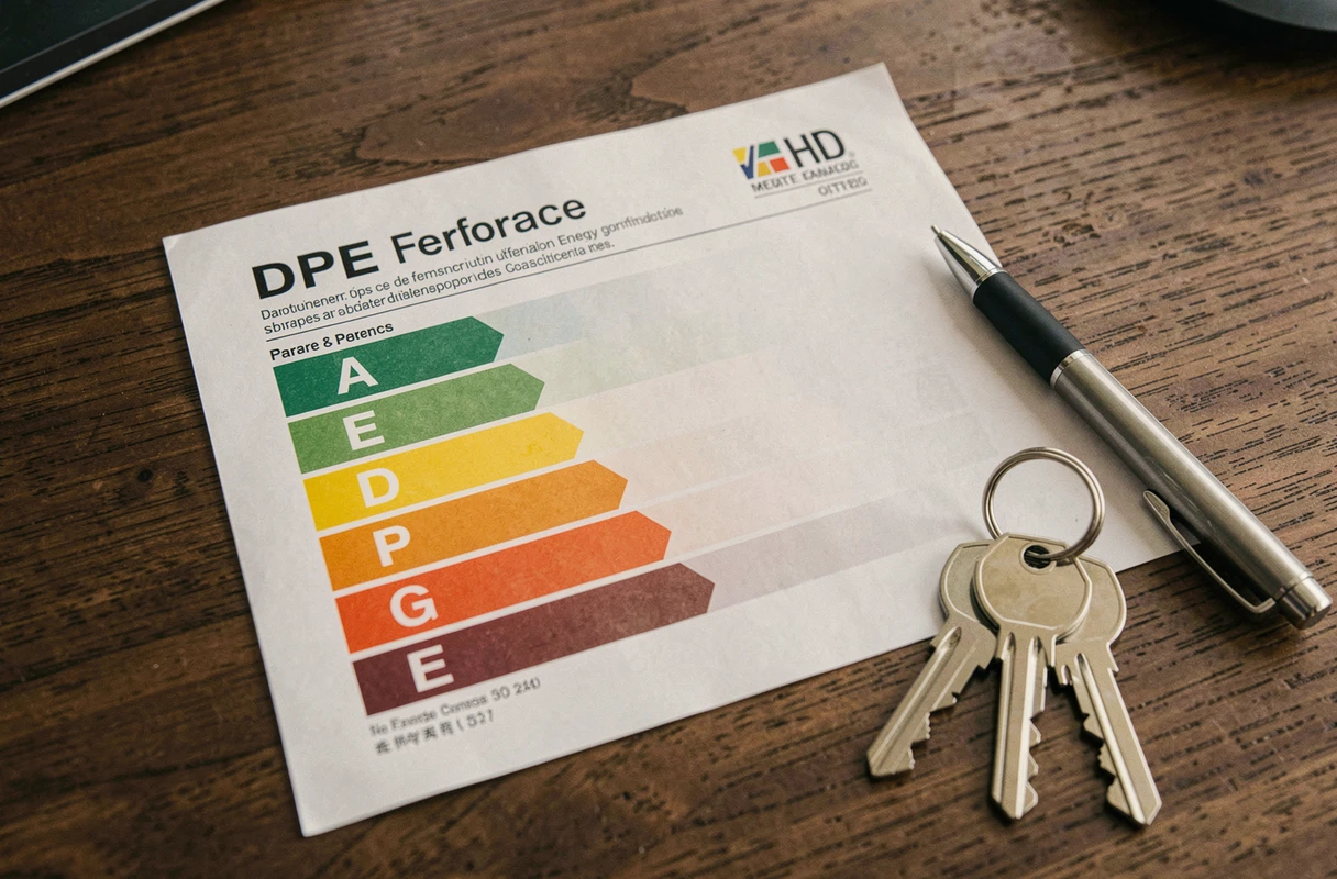 Étiquette DPE avec classement énergétique A sur un bureau en chêne avec clés de maison et stylo