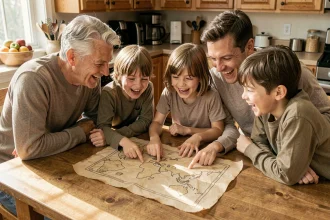Famille réunie autour d'une carte au trésor dessinée à la main sur une table en bois, parents et enfants souriants planifiant une chasse au trésor dominicale
