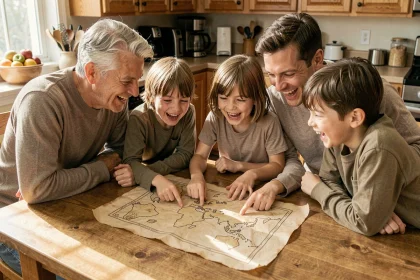 Famille réunie autour d'une carte au trésor dessinée à la main sur une table en bois, parents et enfants souriants planifiant une chasse au trésor dominicale