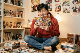 Jeune fan de manga lisant le dernier chapitre de One Piece entouré de volumes et figurines dans sa chambre