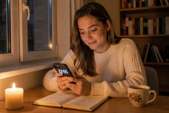 Jeune femme regardant l'heure 22h55 sur son téléphone la nuit avec une expression pensive et sereine, ambiance cosy et intimiste