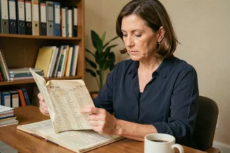 Femme consultant un annuaire téléphonique papier à son bureau pour retrouver une information inversée