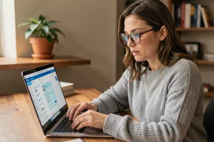Femme utilisant un assistant IA pour gérer ses courriels personnels depuis son bureau à domicile