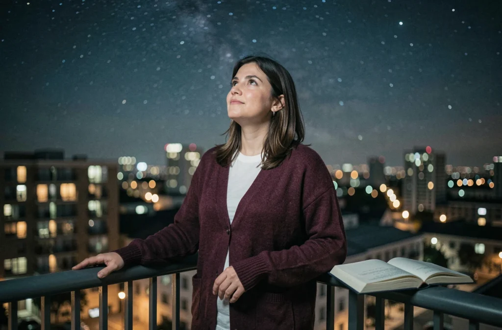 Femme sur un balcon la nuit regardant le ciel étoilé avec un carnet ouvert, ambiance introspective liée aux signes de la flamme jumelle