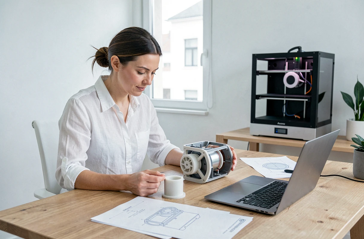 Une femme compare une pièce de rechange imprimée en 3D avec un modèle numérique sur son ordinateur portable dans un bureau à domicile épuré