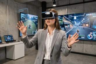 Femme portant un casque de réalité augmentée dans un studio de divertissement moderne, interagissant avec des interfaces holographiques