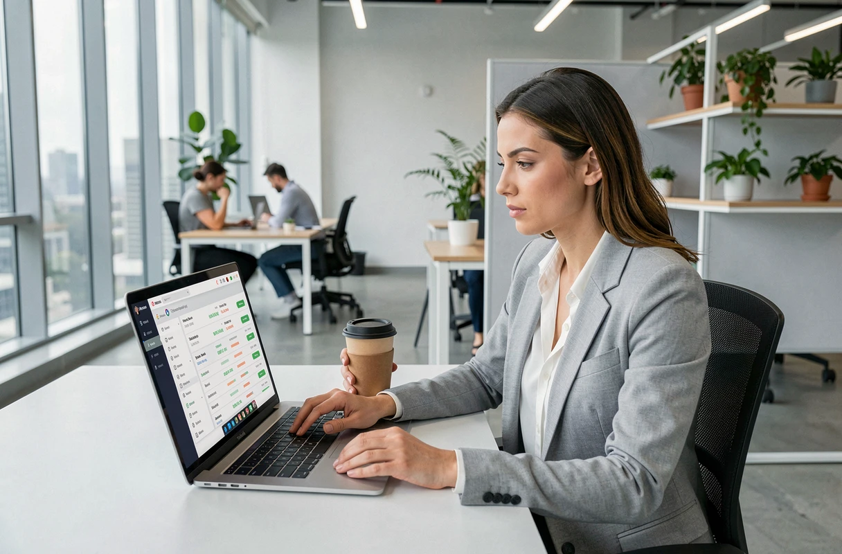 Femme professionnelle consultant un tableau de bord de cryptomonnaies sur un ordinateur portable en espace de coworking