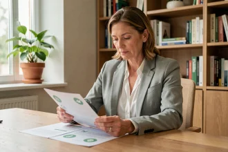 Une femme dans la quarantaine examine des documents liés à l'épargne solidaire dans un bureau à domicile moderne en France