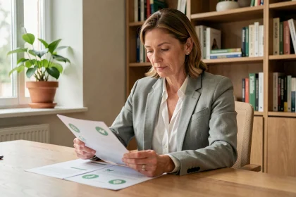 Une femme dans la quarantaine examine des documents liés à l'épargne solidaire dans un bureau à domicile moderne en France