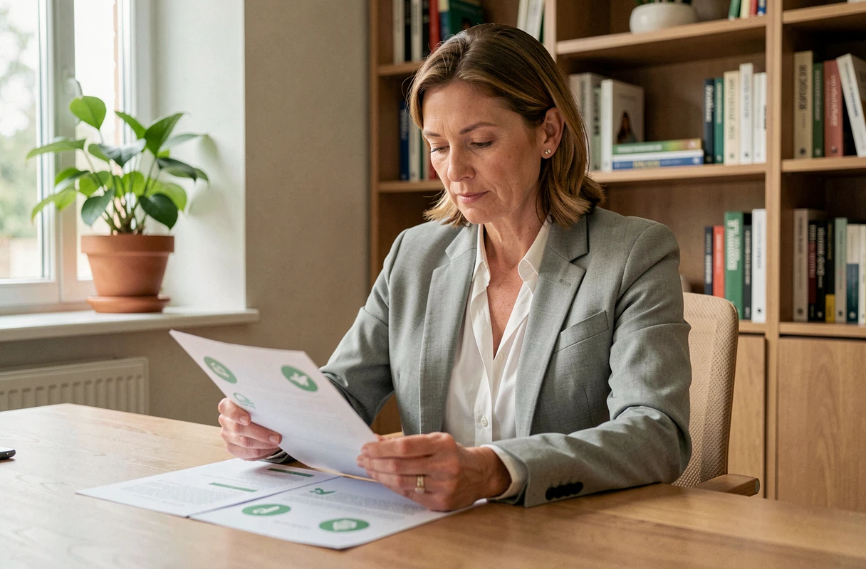 Une femme dans la quarantaine examine des documents liés à l'épargne solidaire dans un bureau à domicile moderne en France