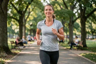 Femme de 40 ans faisant du jogging dans un parc verdoyant pour réduire les risques cardiovasculaires