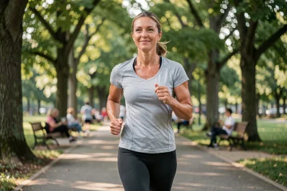 Femme de 40 ans faisant du jogging dans un parc verdoyant pour réduire les risques cardiovasculaires